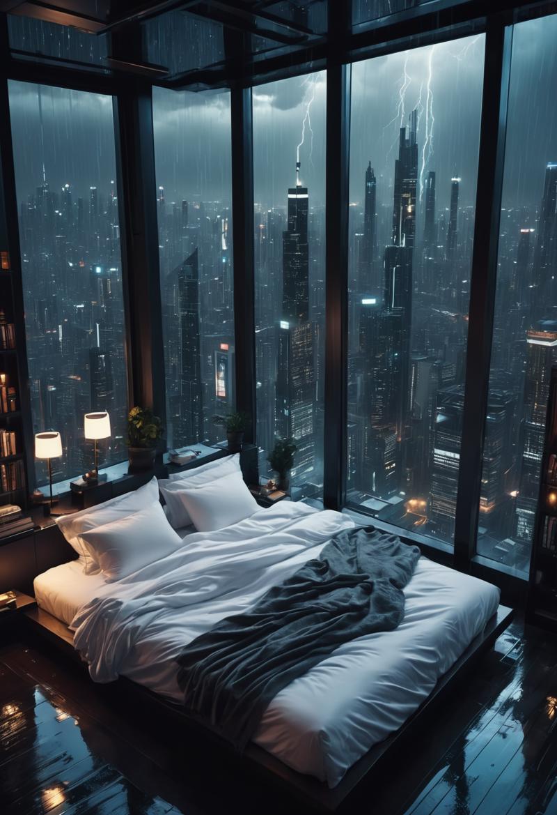 00095-moody aesthetic, beautiful cozy, cramped bedroom with floor to ceiling glass windows overlooking a cyberpunk city at night, view.png